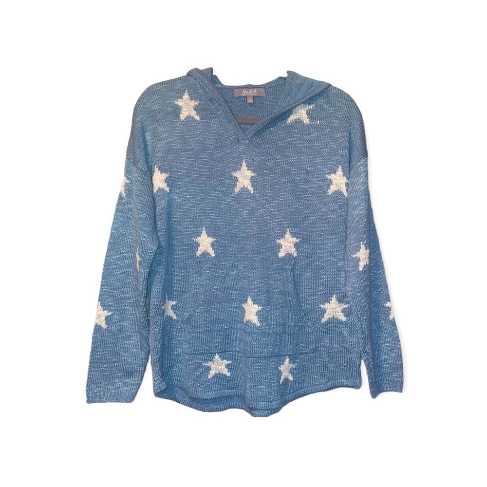 MARLED Blue Hooded Sweater with White Stars M NWOT